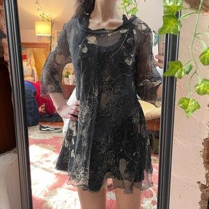 Vintage Black Sheer Mini Floral Patterned Cover Up Dress with a Wide Scoop Neck